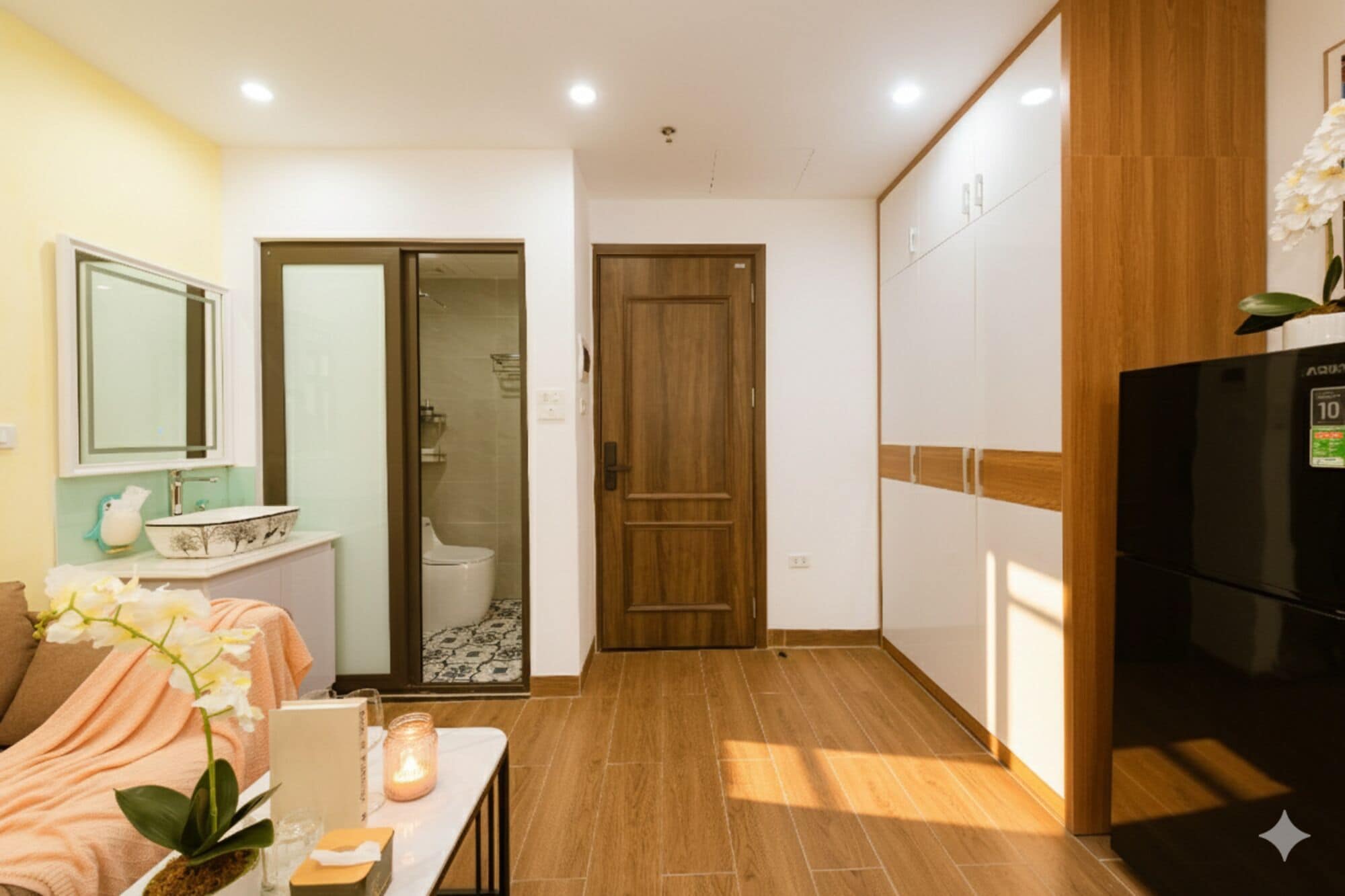 A compact living space with a kitchenette, a bathroom with a toilet and shower, and a dining area with a table and chairs.