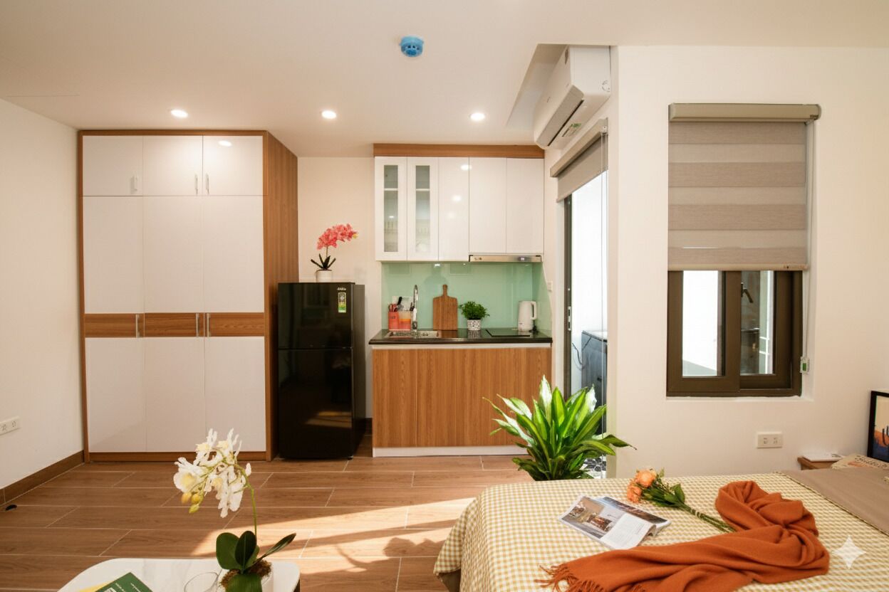 A compact living space with a kitchenette, a bed, and a dining area.