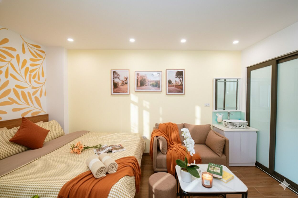 A hotel room with a bed, sofa, and a small table with a plant and book. There are three framed pictures on the wall, a window, and a sink with a mirror.