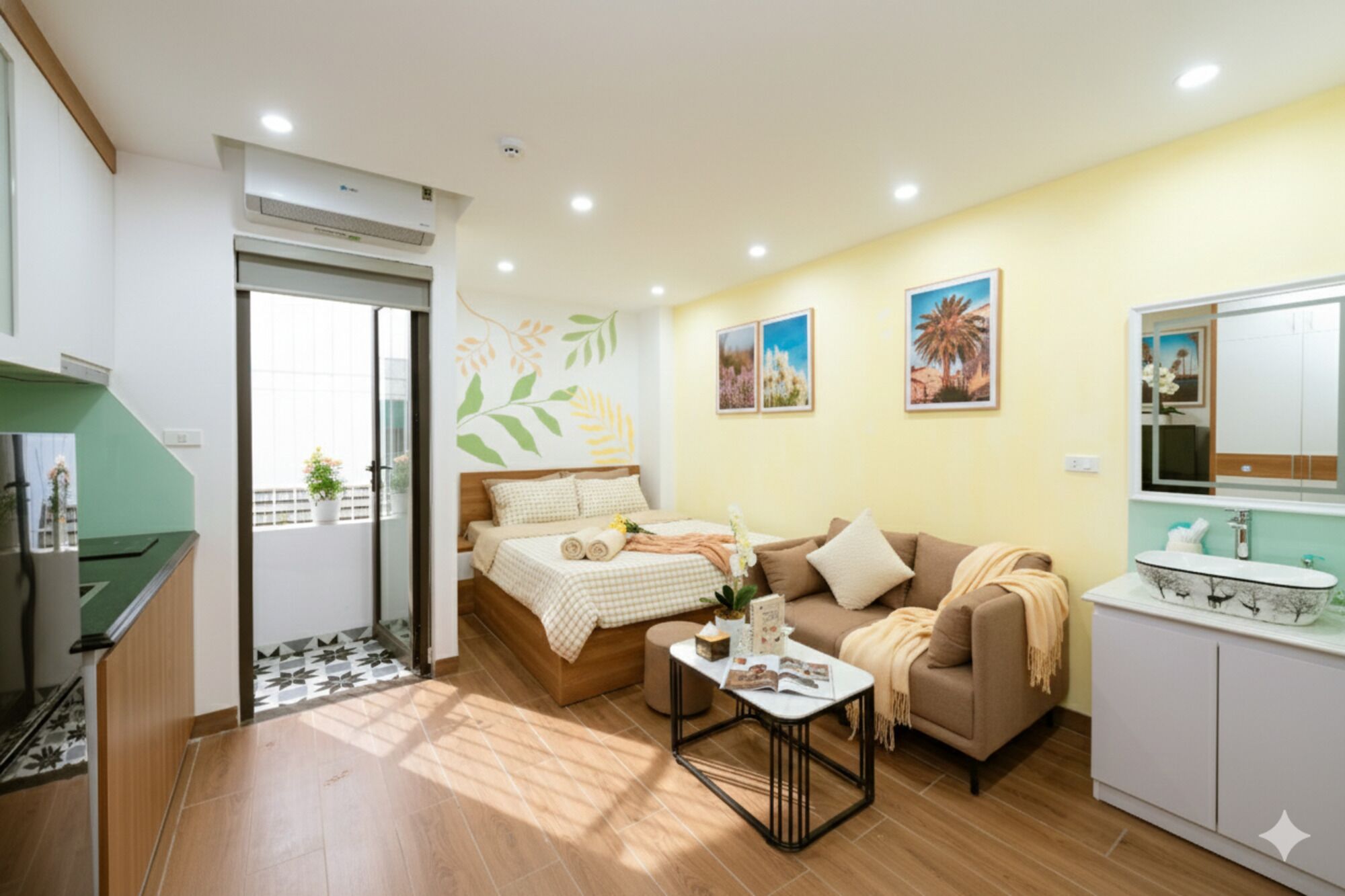 A modern apartment with a bed, sofa, coffee table, and kitchenette.
