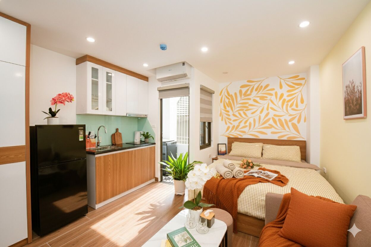 A compact living space with a kitchenette, a bed with a patterned headboard, and a dining area.