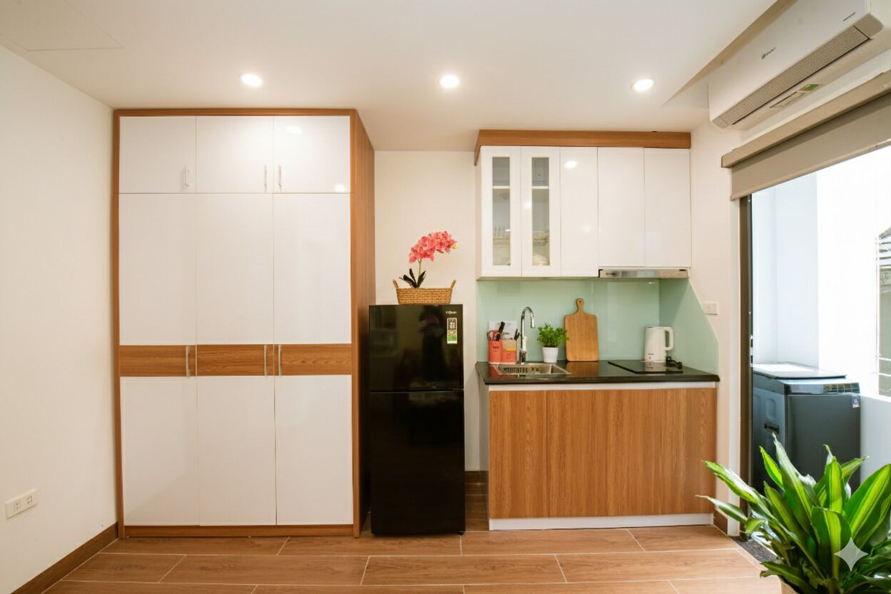A compact kitchen with white cabinets, a black refrigerator, and a small countertop with a sink and a potted plant.