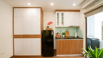 A compact kitchen with white cabinets, a black refrigerator, and a small countertop with a sink and a potted plant.