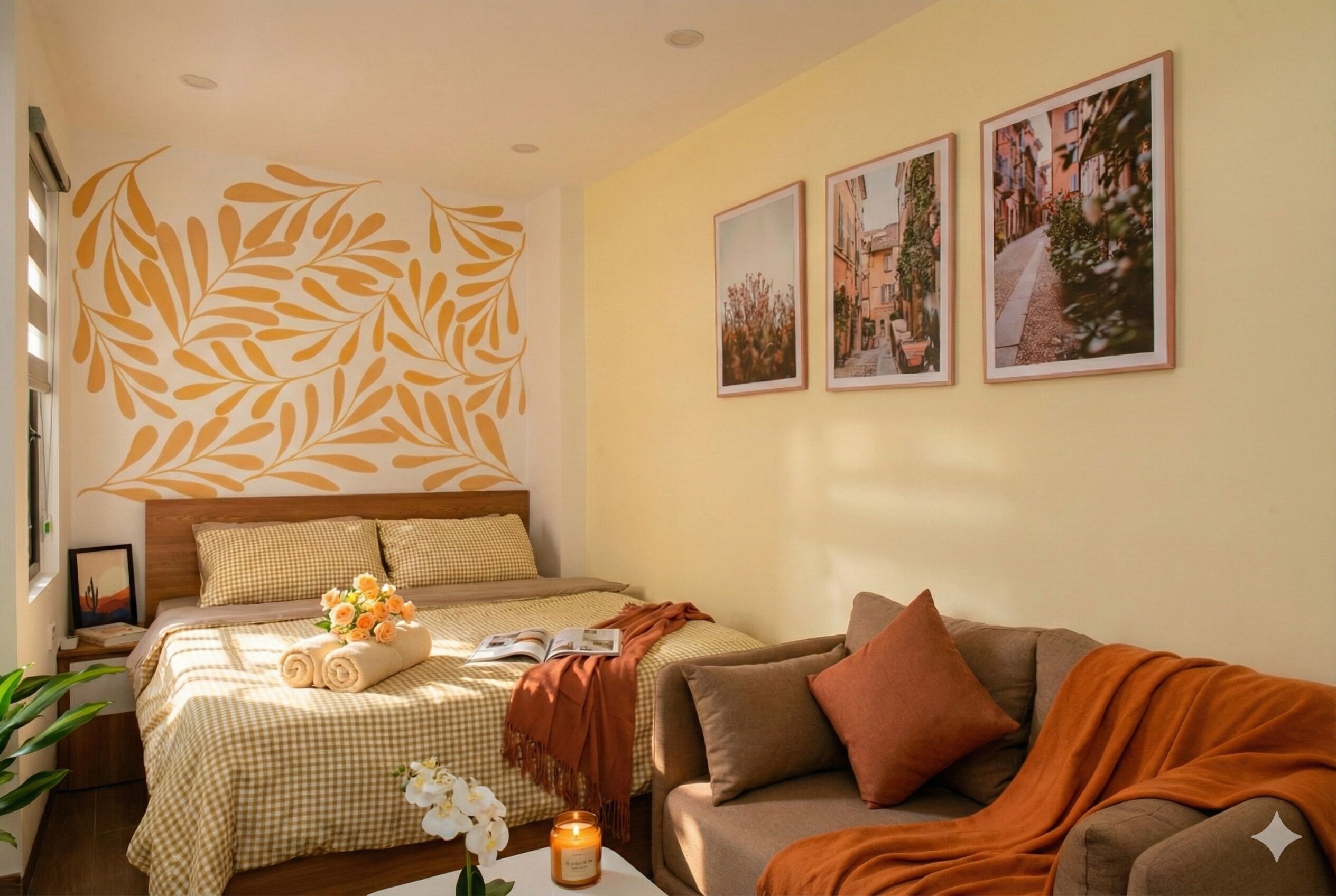 A hotel room with a large bed, a sofa, and a wall with leaf patterns and framed pictures.