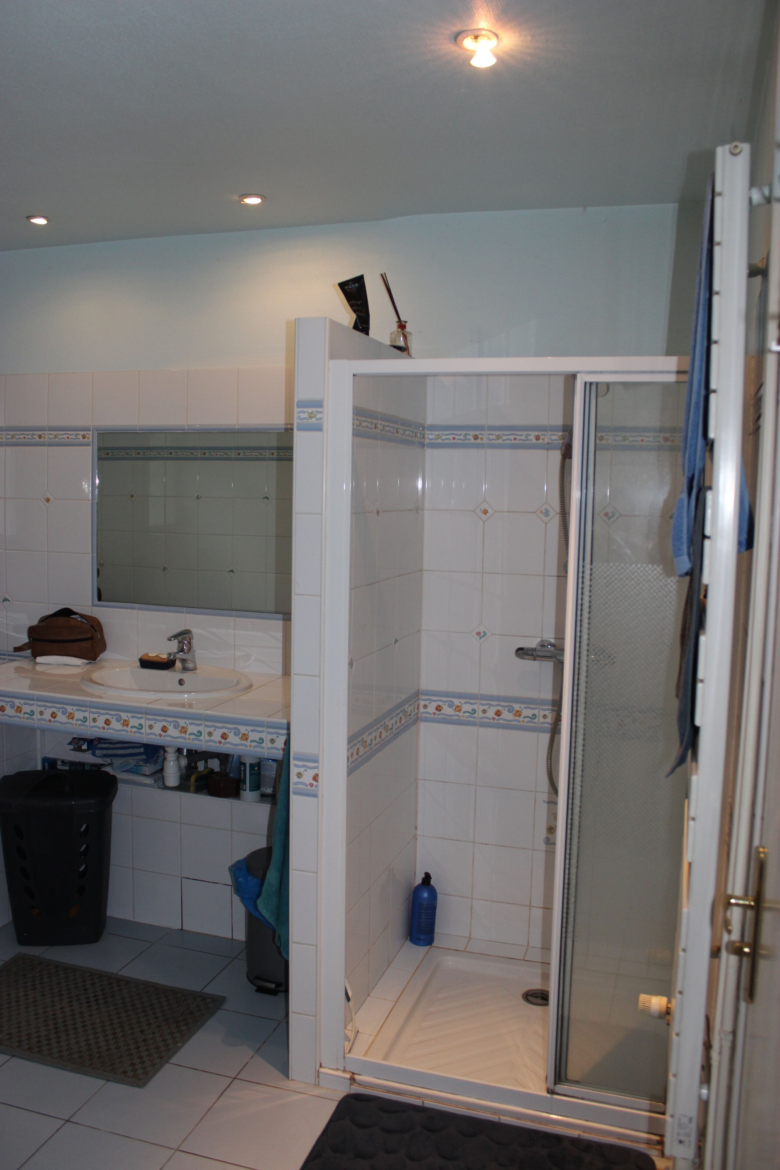 Douche, sèche-cheveux, serviettes fournies, savon