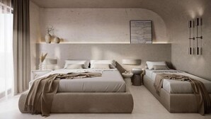 A modern bedroom with two beds, a large window, and a minimalist decor. - Aethra Hotel & Suites (Nidri)