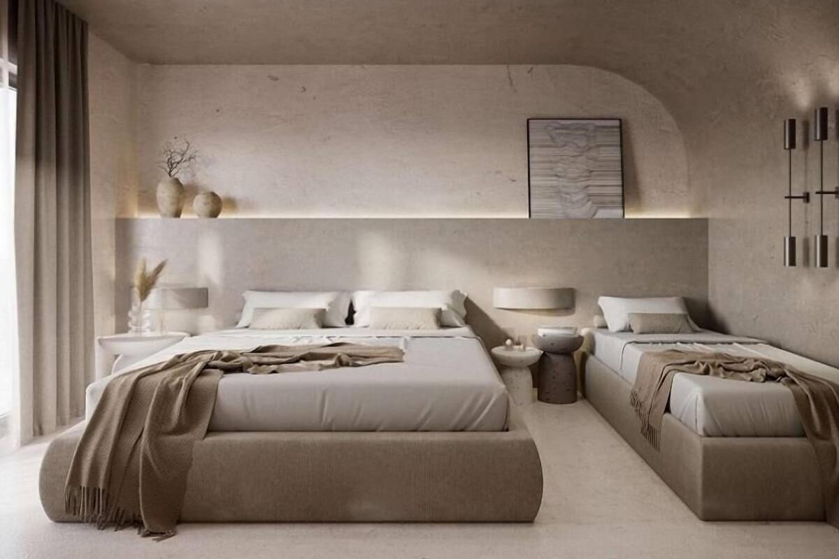 A modern bedroom with two beds, a large window, and a minimalist decor.