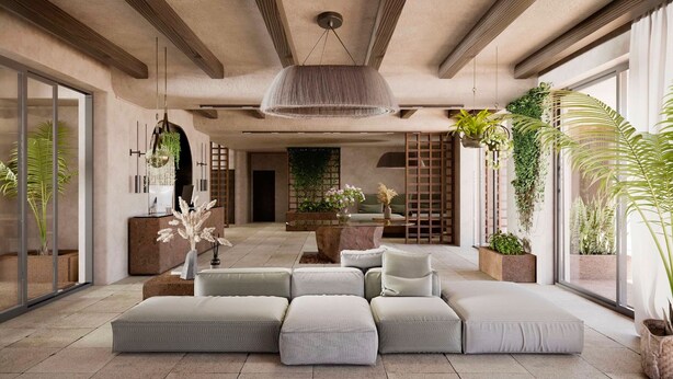 A modern living room with a sectional sofa, a hanging light fixture, and various plants. - Aethra Hotel & Suites (Nidri)