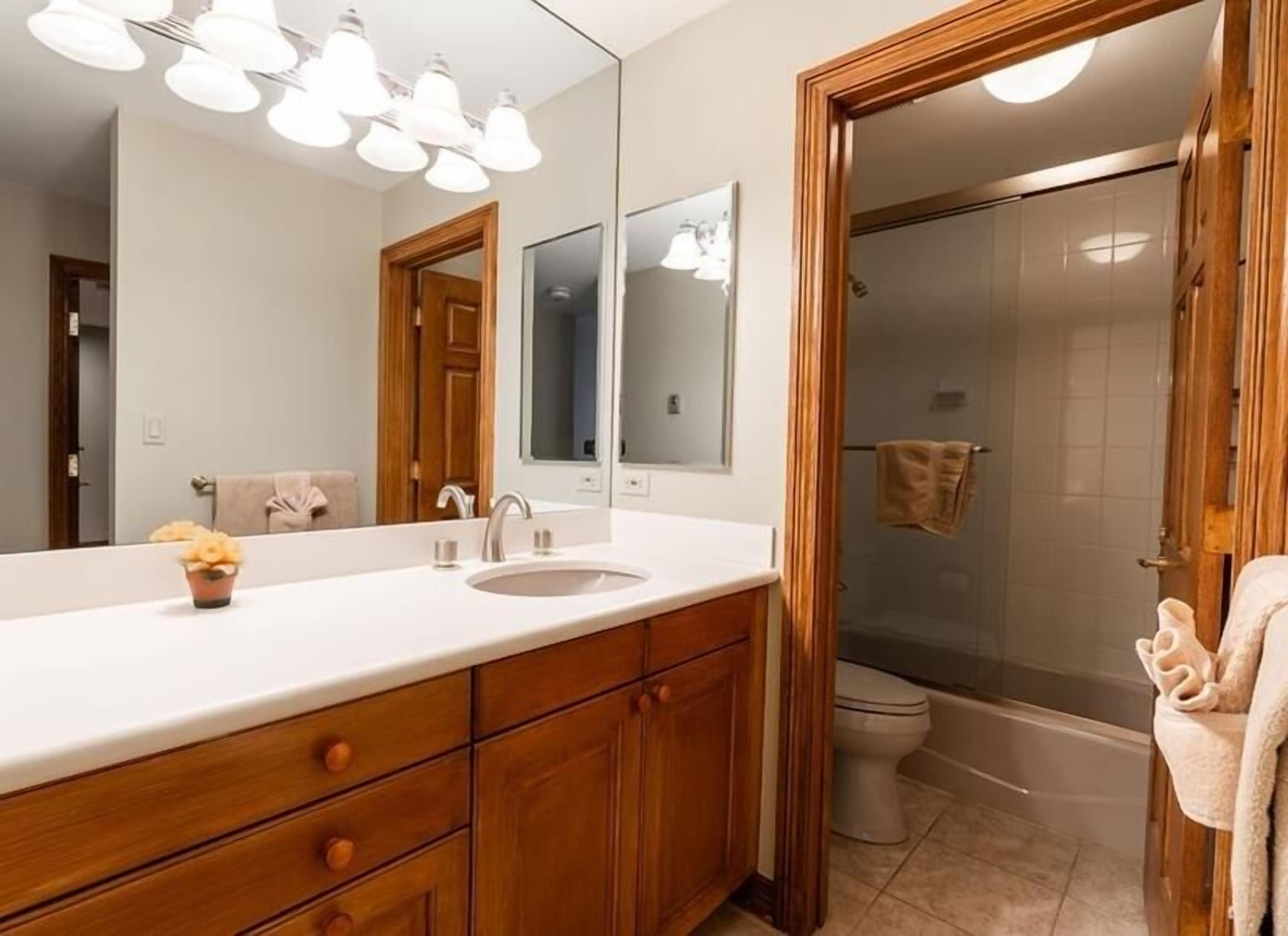 Une salle de bain avec un meuble-lavabo en bois, un grand miroir, un lavabo et un espace douche.