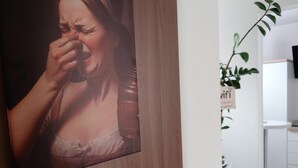 A wooden door with a framed picture, a modern kitchen with white cabinets, and a potted plant. - Apartment Liana with Castle View (Hechingen)