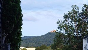 A garden with a wooden table, a white building, and a hill with a structure in the background. - Apartment Liana with Castle View (Hechingen)
