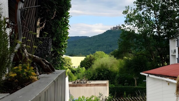 A garden with a variety of plants, a wooden fence, and a building in the background. - Apartment Liana with Castle View (Hechingen)