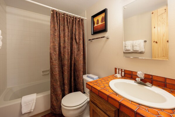 Une salle de bain avec douche, toilettes et lavabo.