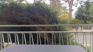 Ein Balkon mit Metallgeländer, der auf einen Parkplatz und dichtes Grün blickt.