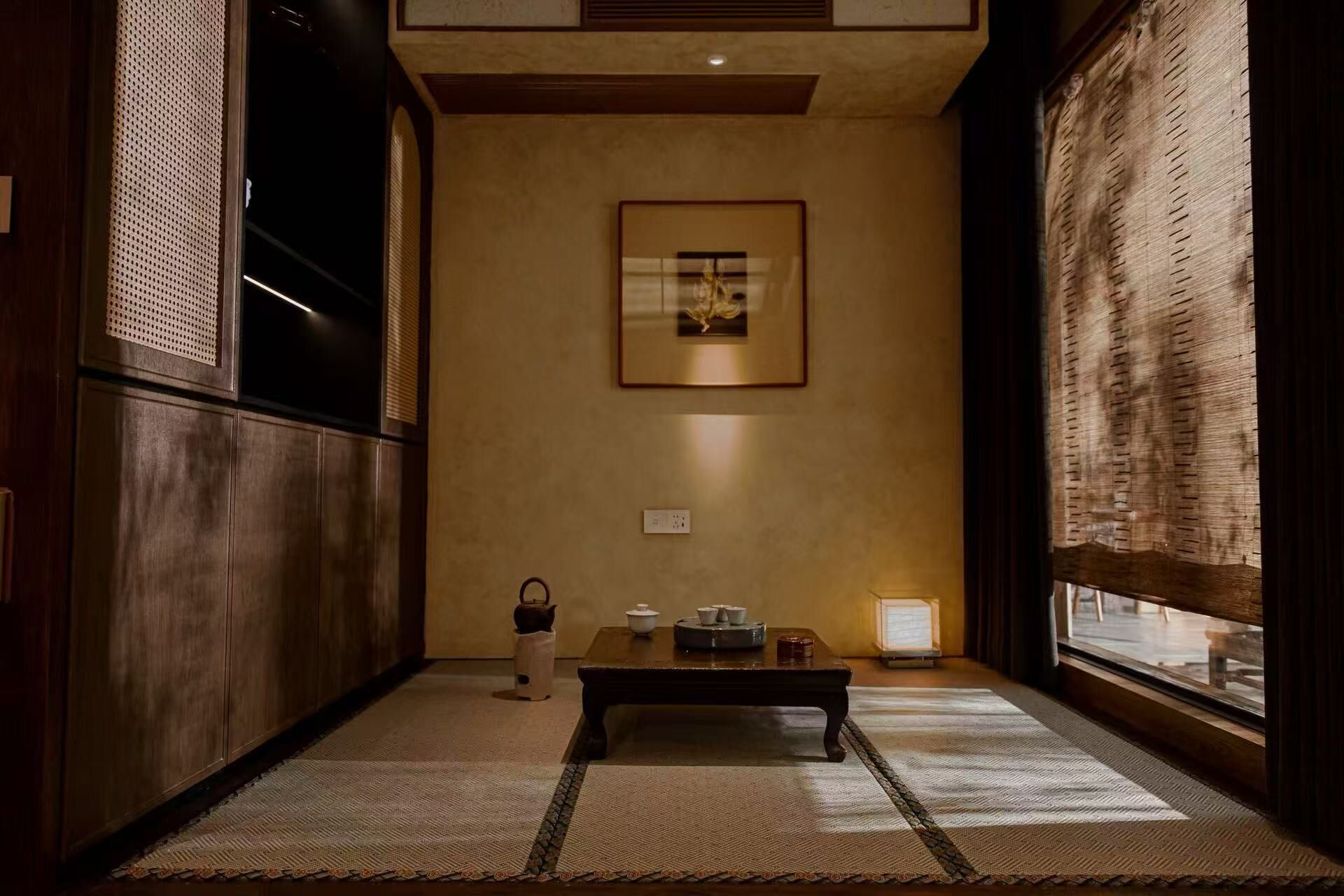 Desk, laptop workspace, blackout drapes, iron/ironing board