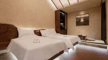 Desk, laptop workspace, blackout curtains, iron/ironing board