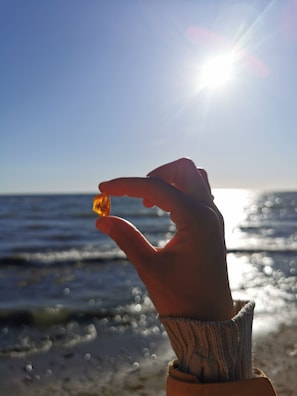A hand holding a small object with the sun in the background.