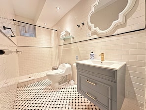 Regadera, toallas, jabón, papel de baño