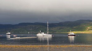 A calm harbor with several boats anchored, surrounded by green hills under a cloudy sky.
