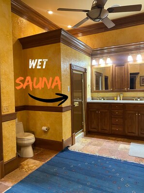 Dusch, hårtork, handdukar och tvål