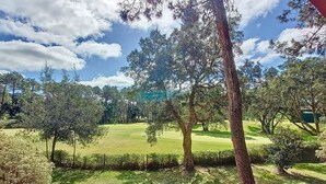 Ein Golfplatz mit Bäumen und blauem Himmel.