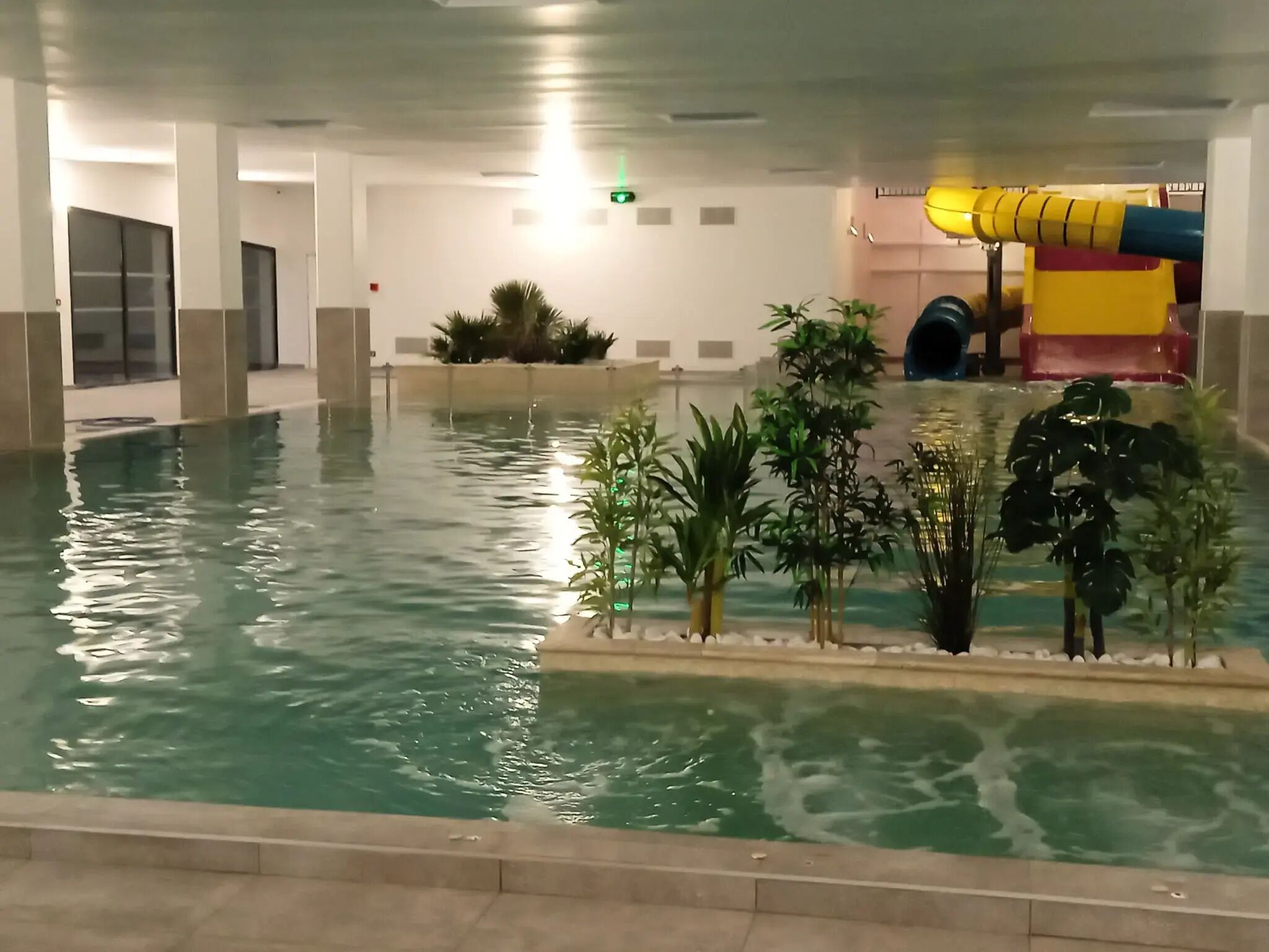 Een binnenzwembad met glijbaan, omringd door planten en een transparant dak.