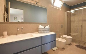 Shower, hair dryer, bidet, towels