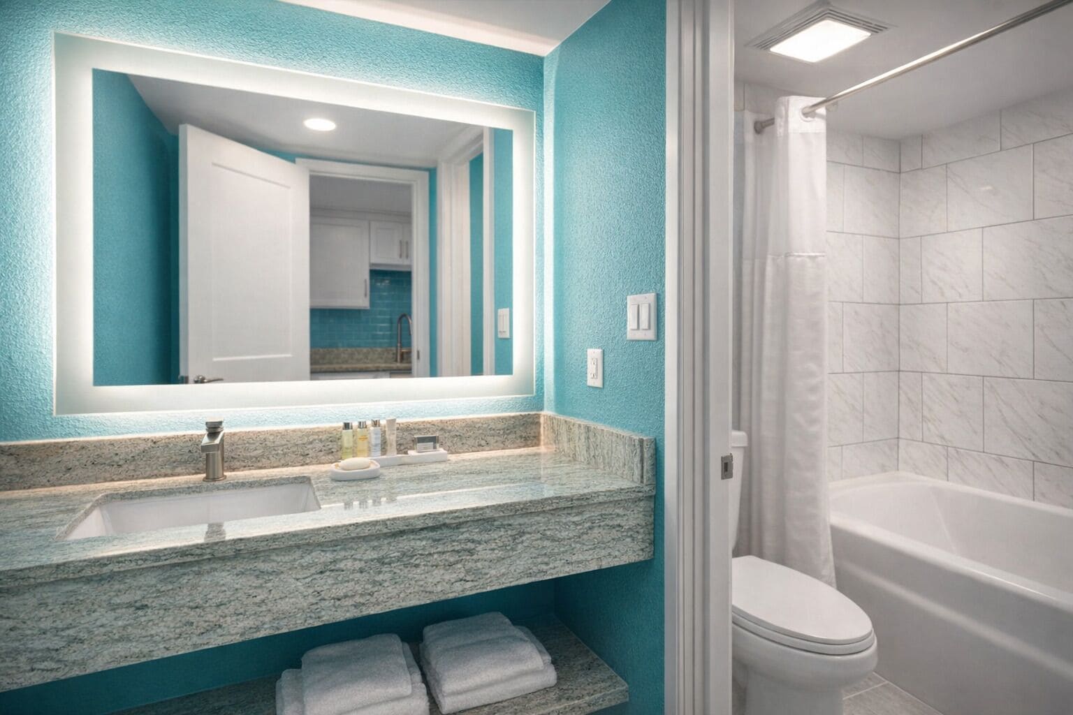 A bathroom with a sink, mirror, and shower.