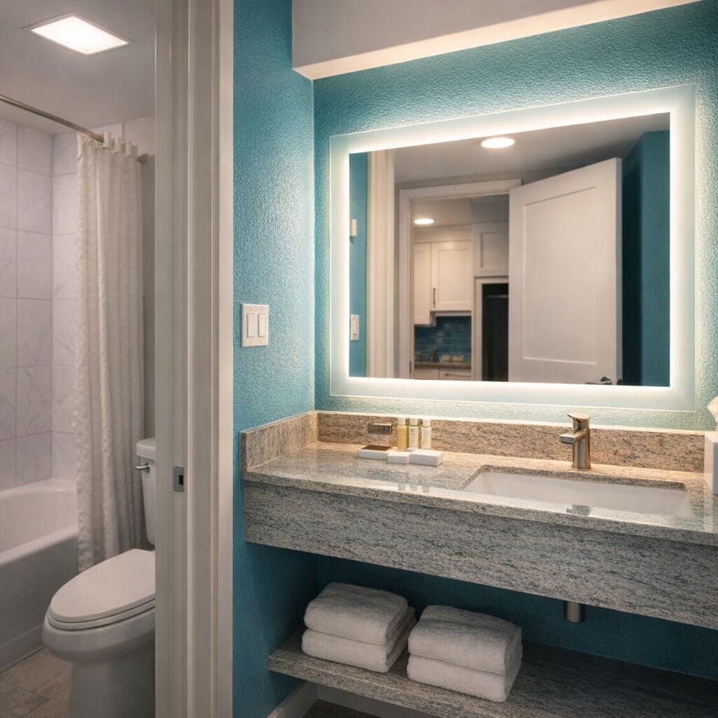 A bathroom with a bathtub, toilet, and a large mirror above a granite countertop with a sink.