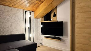 A modern living room with a wooden ceiling, a large flat-screen TV mounted on the wall, a grey sofa, and a floor lamp. - Le Morel 35 - Lovely apartment completely renovated (LES AVANCHERS VALMOREL)