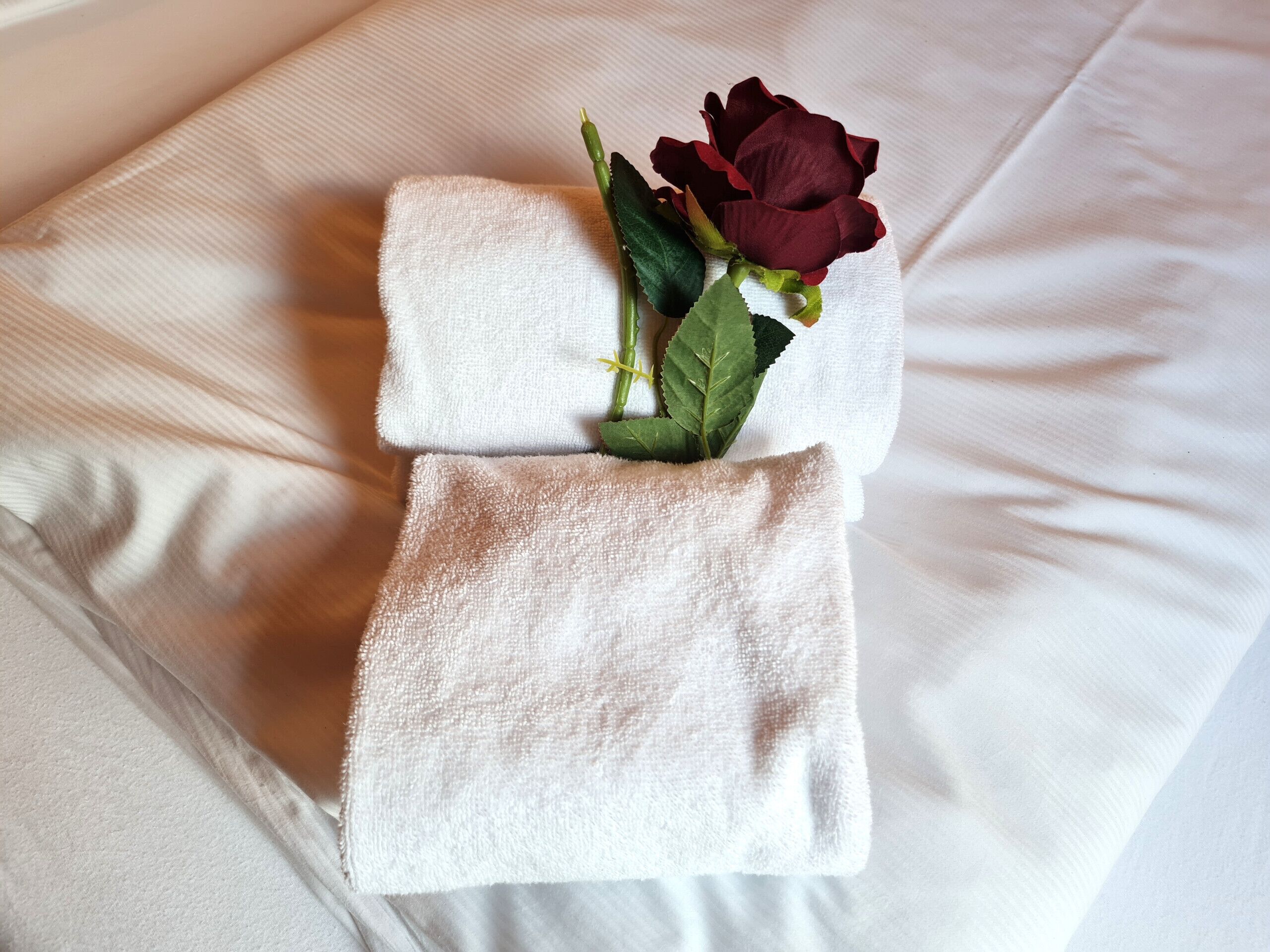 A neatly folded white towel with a single red rose placed on top, on a bed with white linens.