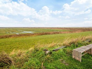 A grassy field with a wooden bench and a wooden walkway. - 4 Person Holiday Home in Hojer (Højer)