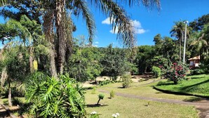 Un jardin aménagé avec des allées, des palmiers et un petit bâtiment.