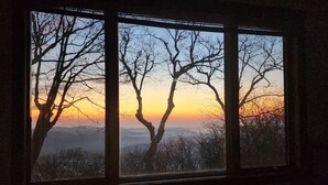 Une fenêtre donnant sur des arbres dénudés se découpant en silhouette sur un coucher de soleil.