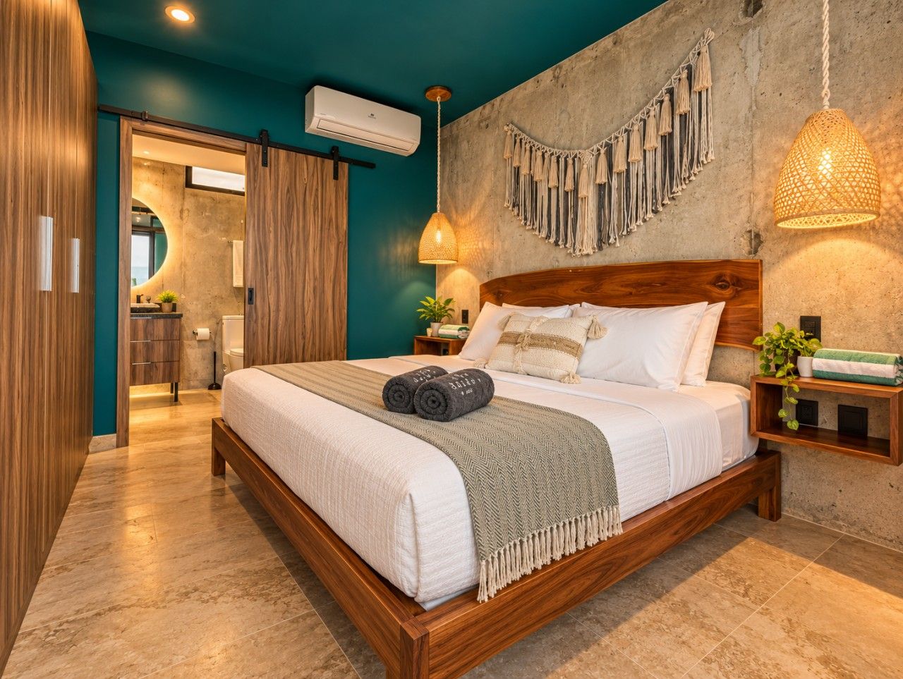 Camera da letto moderna con un letto in legno, una lampada a sospensione e un condizionatore d'aria fissato al muro.