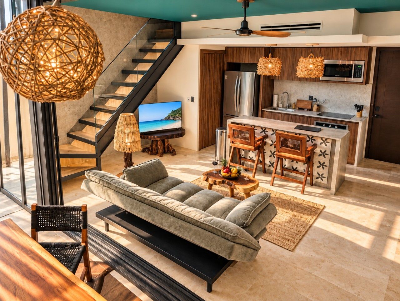 Un espacio habitable moderno con sofá, mesa de centro y comedor con sillas.