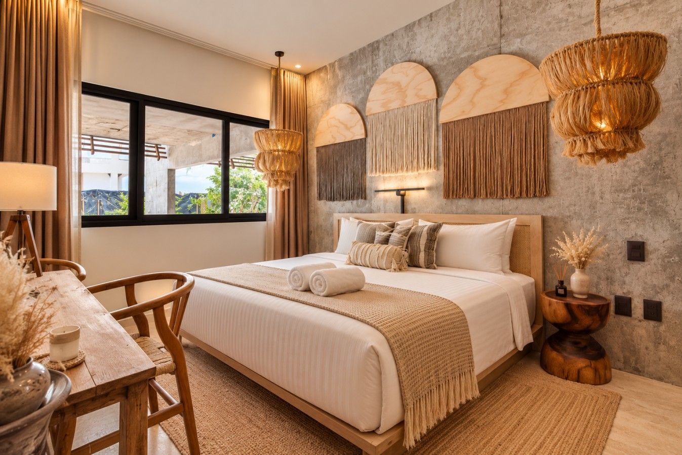 Una camera da letto moderna con un letto grande, un comodino in legno, una scrivania e vista attraverso una finestra.