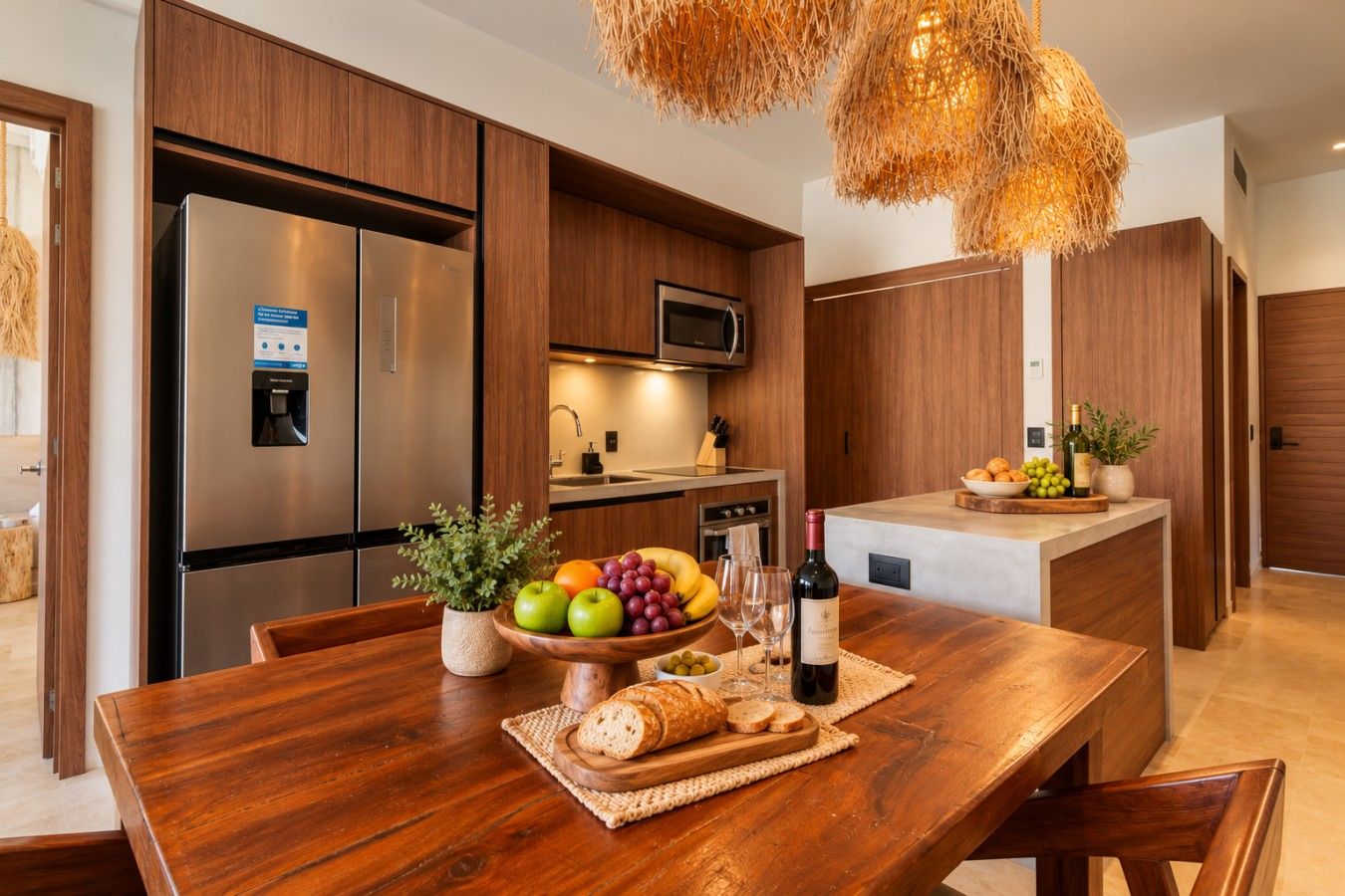 Une cuisine moderne avec une table à manger en bois, un réfrigérateur encastré et un four à micro-ondes.