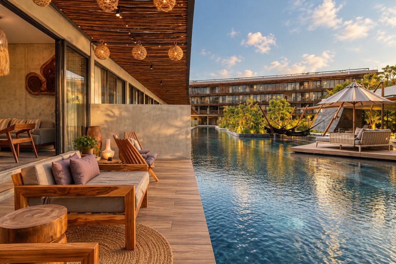 A modern outdoor pool area with lounge seating and a wooden deck.