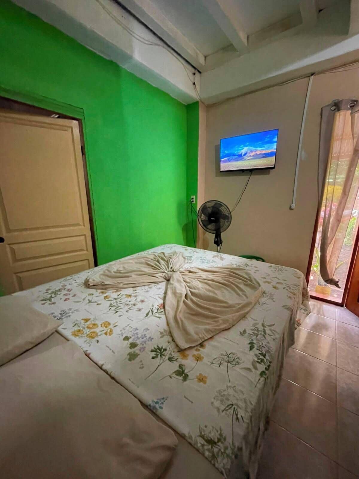 Een kamer met een bed, een aan de muur bevestigde televisie en een ventilator.