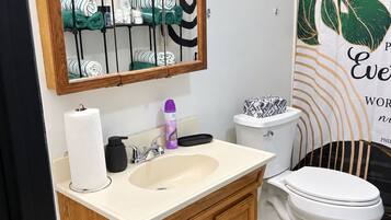 Une salle de bain avec un meuble-lavabo en bois, un évier, des toilettes et un miroir avec éclairage.