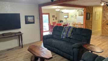 Smart TV, fireplace, DVD player, books