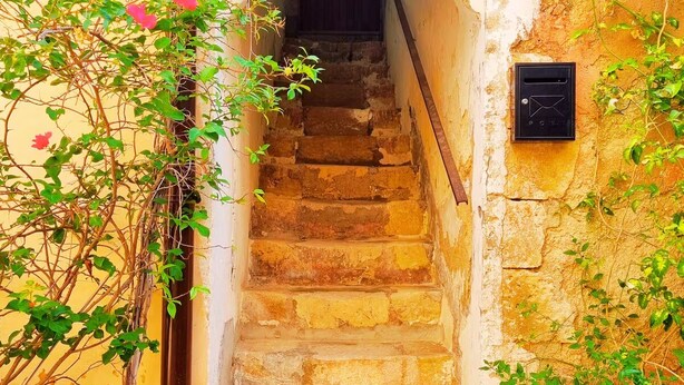 Una escalera de piedra que conduce a un interior oscuro, rodeada de follaje y un buzón en la pared.