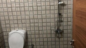 Un baño con pared de azulejos a rayas, un inodoro y una ducha.