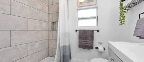 Secadora de cabello, jabón, papel de baño