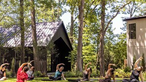 Un grupo de personas practicando yoga sobre esterillas en un área verde al aire libre, con árboles y un edificio de fondo.