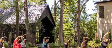 Un grupo de personas practicando yoga sobre esterillas en un área verde al aire libre, con árboles y un edificio de fondo.