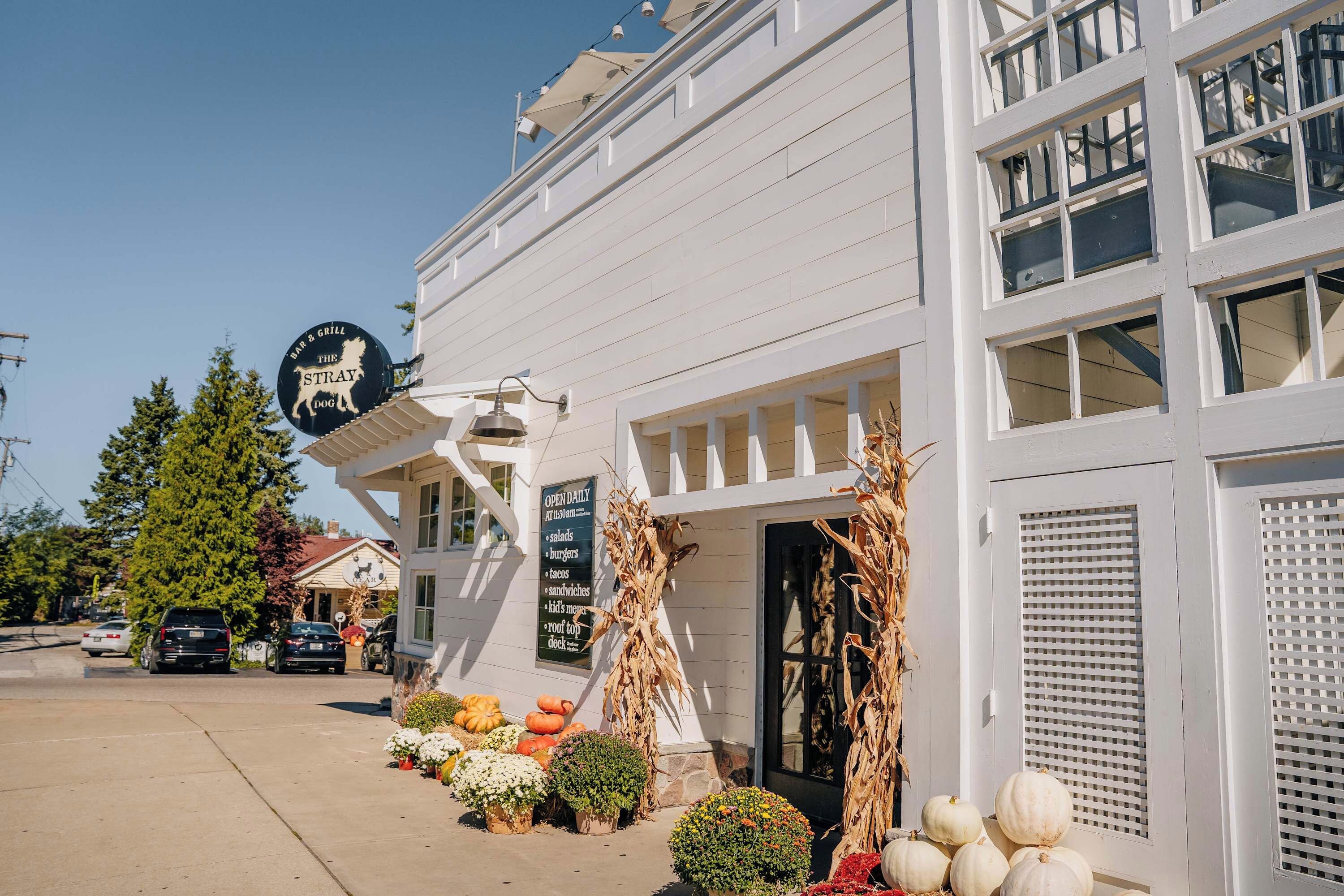 A white building with a sign for 'The Stray Dog Bar & Grill' and a list of daily offerings.