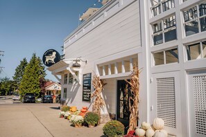 Un edificio blanco con un letrero que dice 'The Stray Dog Bar & Grill' y una lista de ofertas diarias.
