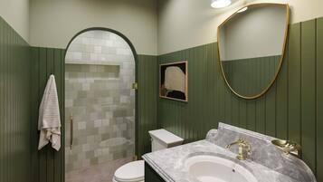 Shower, hair dryer, towels